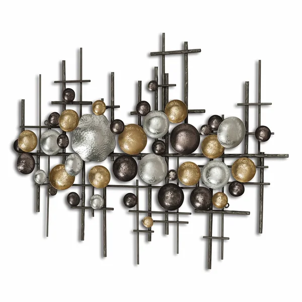 Modernist Floating Circles - Abstract Metal Wall Art, Artisan Crafted, Rustic Gray, Pewter, Gold Gilt, Silver, Painted Iron, Over