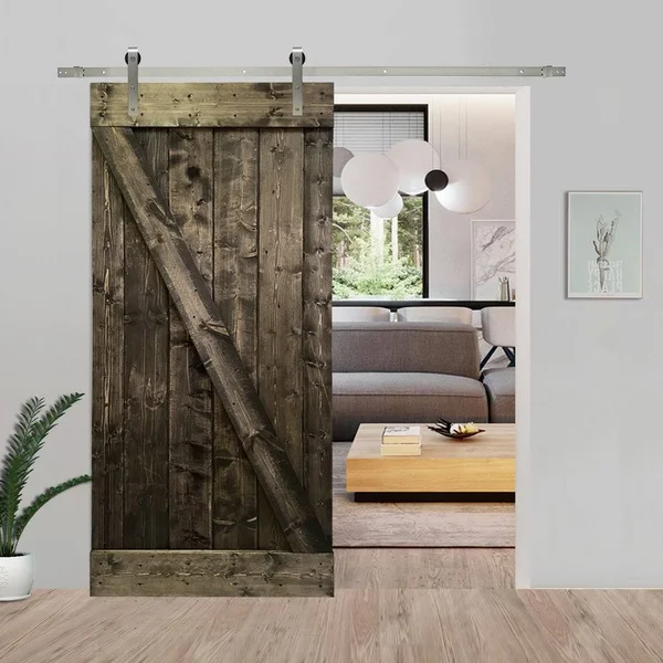 CALHOME 24 in. x 84 in. Z Bar Espresso Stained Solid Knotty Pine Wood Interior Sliding Barn Door with Sliding Hardware Kit, Brow