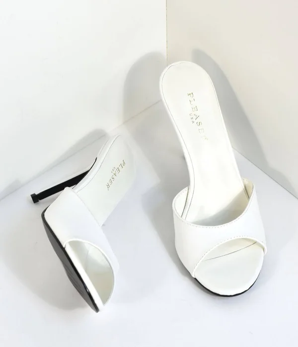 White Matte Leatherette Peep Toe Slip on Heels - Size 10