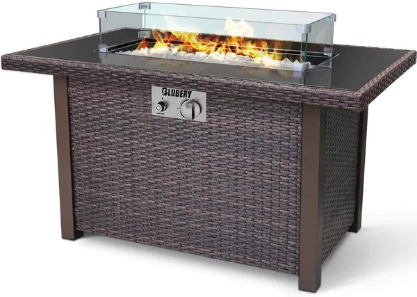 BLUBERY 44'' Propane Fire Pit Table, 50, 000 BTU PE Rattan GAS Fire Pit with Black Tempered Glass Tabletop, Glass Wind Guard, Aut