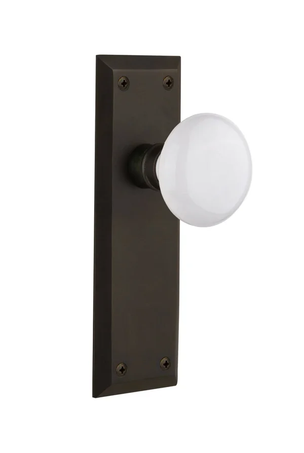Nostalgic Warehouse 733133 New York Plate Privacy White Porcelain Door Knob, Oil-Rubbed Bronze
