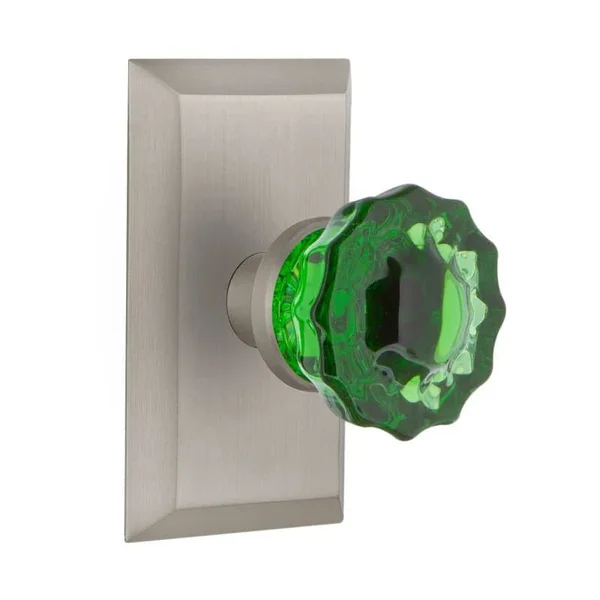Nostalgic Warehouse Studio Plate Privacy Crystal Emerald Glass Door Knob in Satin Nickel