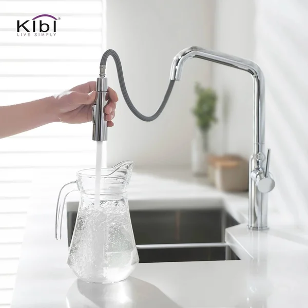 KIBI Lead Free Solid Brass High Arc Pull Out Single Level Kitchen Faucet Chrome