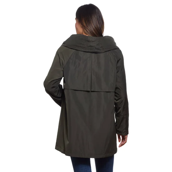 Martha Stewart Pleated Hood Rain Coat, Polyester in Deep Olive, Xs