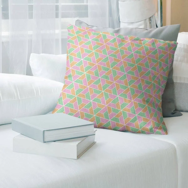 Green Feature Three Color Trapezoids Throw Pillow - 26 x 26 - Green Pink & Orange - Polyester