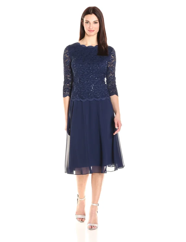 Alex Evenings T-Length Lace and Chiffon Mock Two Piece Dress - Blue