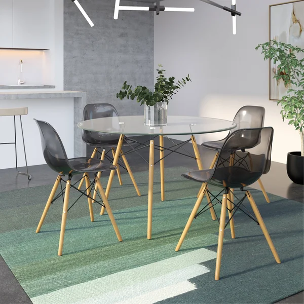 LeisureMod Dover Transparent Black Dining Chair Eiffel Wood Legs 4 Set