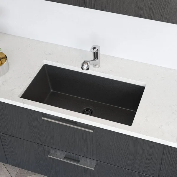 Rene R3-1006-CAR-ST-CGF Carbon Single Bowl Undermount Composite Granite Kitchen Sink with Grid and Matching Colored Flange