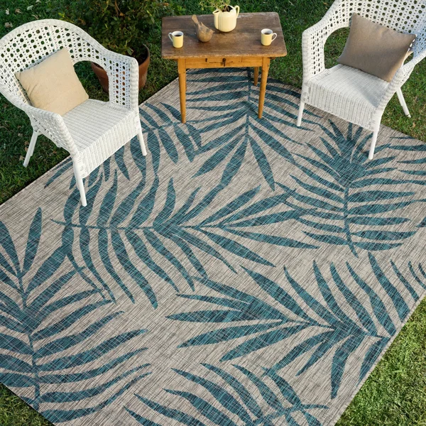Alexander Home Collection Botanical Palms Indoor/Outdoor Rug - Grey/Aqua 9&2x22 x 12&1x22