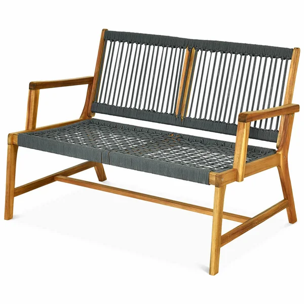 Gymax Wooden Rope Bench Loveseat Patio Garden Outdoor w/ Armrest & BACKREST