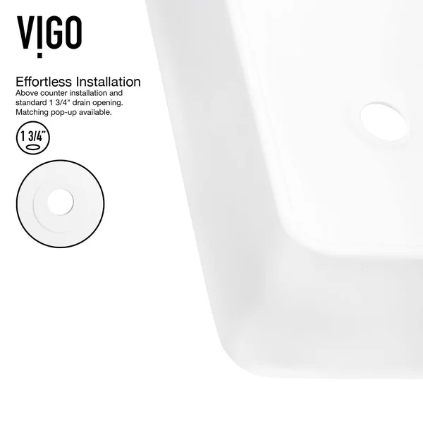 Vigo Matte Stone Amaryllis Composite Rectangular Vessel Bathroom Sink in White with Faucet and Pop-Up Drain in Matte Gold VGT146