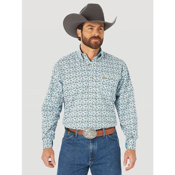 Wrangler Mens George Strait Collection Long Sleeve 1 Pkt Print Shirt Teal Paisley Size XL