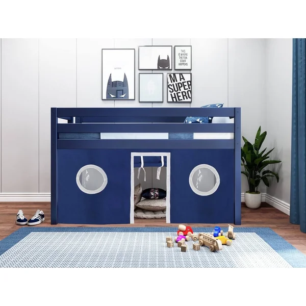 Jackpot! Contemporary Low Loft Bed with End Ladder - Twin, White with Blue & White Tent