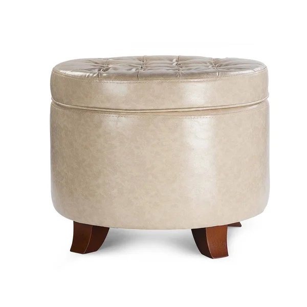 Enova Home Zola 18 Inches Modern Elegant Leather Round Storage Ottoman for Living Room - Beige