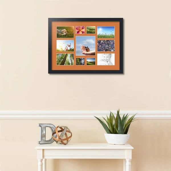 Collage Picture Frame, Satin Black Frame with 11 openings for 4x6 Photos with Orange Octoberfest Mat. D3926DP566, ArtToFrames