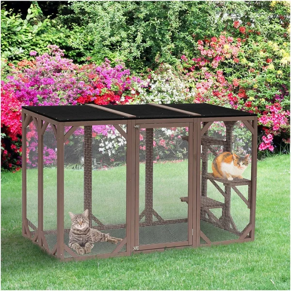Pawhut Large Wooden Outdoor Cat Enclosure Cage with 3 Platforms