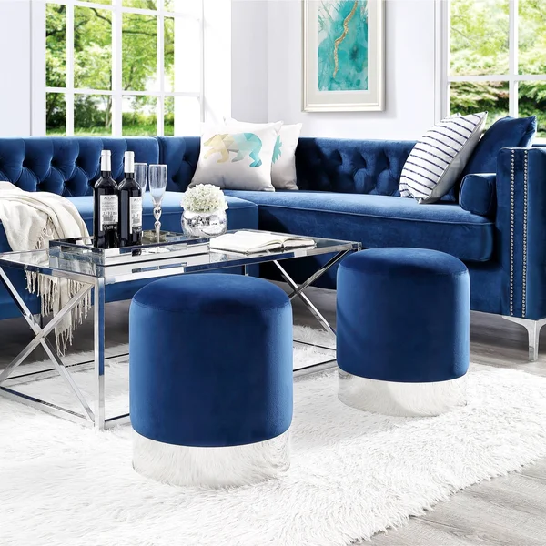 Inspired Home Elsa Velvet Round Ottoman with Metal Base - Navy/Chrome