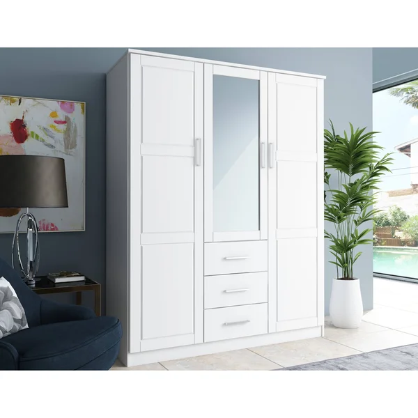 100% Solid Wood 3-Door Cosmo Wardrobe with Mirror 7115 by Palace Imports - Gray