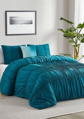 Cedar Court Garment Washed Smocked Stripe Cable Braid Blue - 4 Piece Comforter Set-King