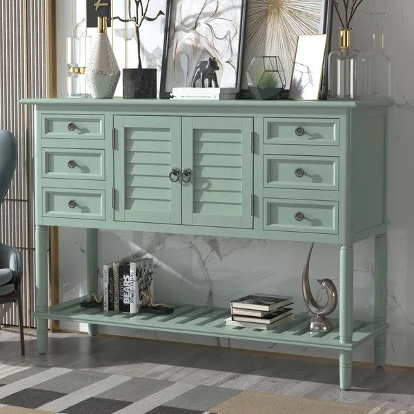 Solid Wood Console Table with 6 Drawers 1 Cabinets - 1 Shelf, Light Green - MDF