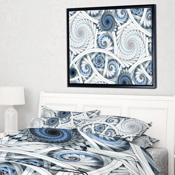Designart 'White Spiral with Blue Fractal Art' Large Abstract Framed Canvas Art - 40 in. Wide x 30 in. High - Black