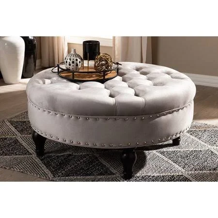 Skyline Decor Palfrey Transitional Grey Velvet Fabric Upholstered Button Tufted Cocktail Ottoman - Gray