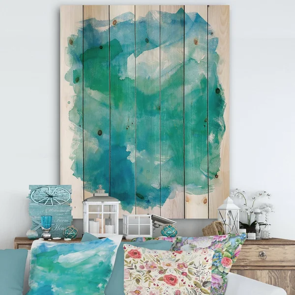Designart 'Sea Glass' Traditional Print on Natural Pine Wood - Blue - 34 in. Wide x 44 in. High