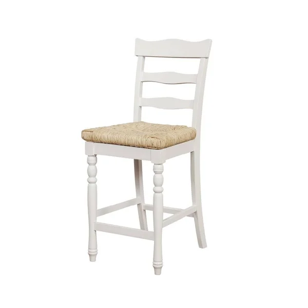 Benjara Wooden Counter Stool with Rush Woven Seat and Cut Out BACK - Beige and White