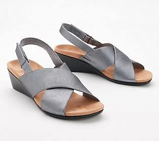 Vionic Back-Strap Wedge Sandals- McKennaMetallic - Size 6 Wide, Pewter