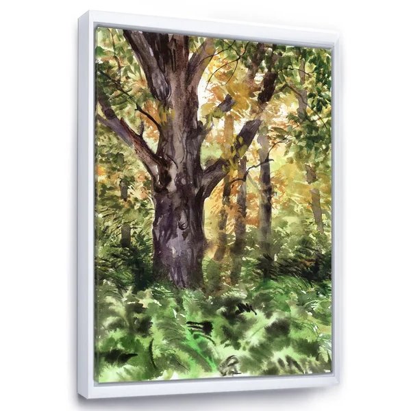 Designart 'Large Tree in Autumn Forest' Lake House Framed Canvas Wall Art Print - 12 in. Wide x 20 in. High - Black