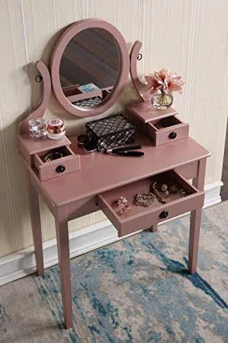 Roundhill Moniya Wood Makeup Vanity Table and Stool Set - Rose Gold, 32.7 x 20.7 x 12.4 inches