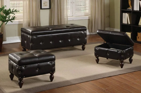 3PC Pack Storage Bench & 2 Ottomans - Brown PU & Espresso - PU, Brown PU & Espresso (285777)