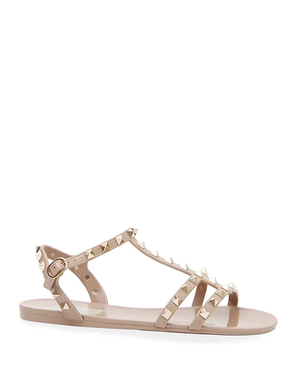 Valentino Garavani Rockstud Jelly Flat Gladiator Sandals, Poudre, Women's, 35EU, Sandals Gladiator Sandals