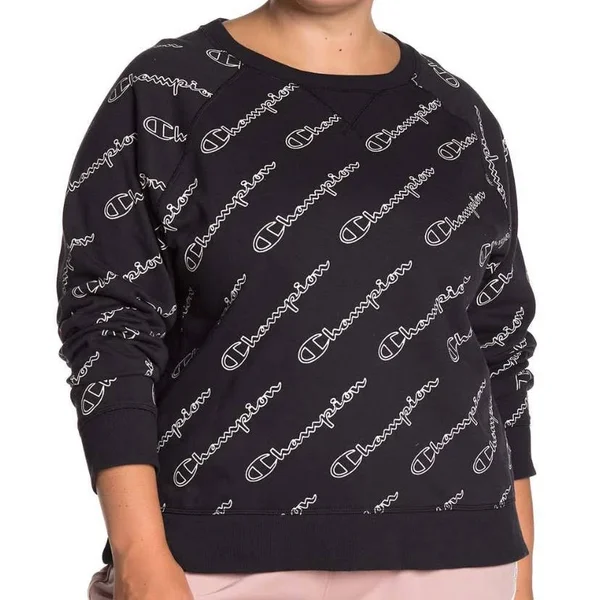 Champion Women's Plus Heritage French Terry Print Crew Outline Script Black 1x