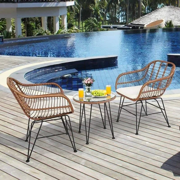 3 Pcs Patio Rattan Bistro Set with Cushion-White