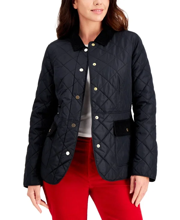 Charter Club Quilted Corduroy-Trim Jacket, Created for Macy&s - Deep Black