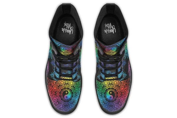 Colorful Yin Yang Boots, Black Mandala Vegan Boots, YesWeVibe Men's Boots, Black Sole, US 12, EU46
