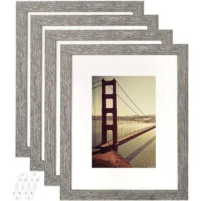 4/4 4x6 Picture Frame Rustic Grey Wood Pattern Set of 4 with Tempered Glass - Display Pictures 3.5x5 with Mat or 4x6 Without Mat