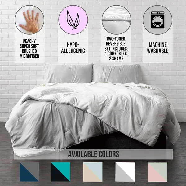 Reversible Brushed Microfiber Plush Down-Alt Comforter 3 Piece Set White/Platinum, King