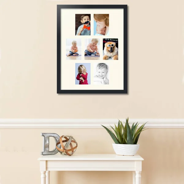 Collage Picture Frame, Satin Black Frame with 7 openings for 5x7 Photos with Ivory Off White Mat. D3926FZ2226, ArtToFrames