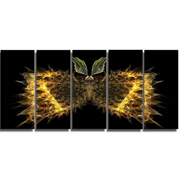 Design Art Golden Fractal Butterfly in Dark - Large Abstract Art Canvas Print - Yellow, 60 in. Wide x 28 in. High - 5 Equal Pane
