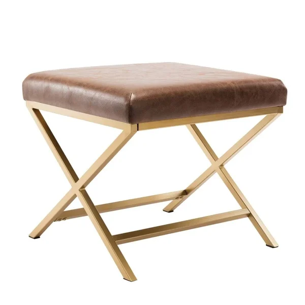 Kotter Home Faux Leather Square Ottoman (Light Brown w/ Gold Legs)