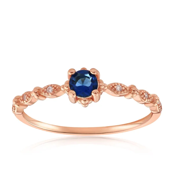 18K Ladies Vintage Stackable Topaz/Emerald Ring with CZ Accents, 9, Blue, 18K Rose Gold Vermeil