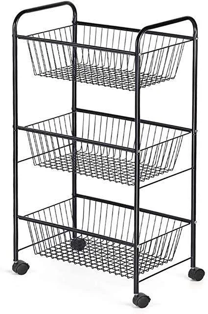NEX 3-Tier Rolling Basket Stand, Large Size Full Metal Rolling Trolley for Kitchen & Bathroom - Three Tier Storage Cart w/Sh