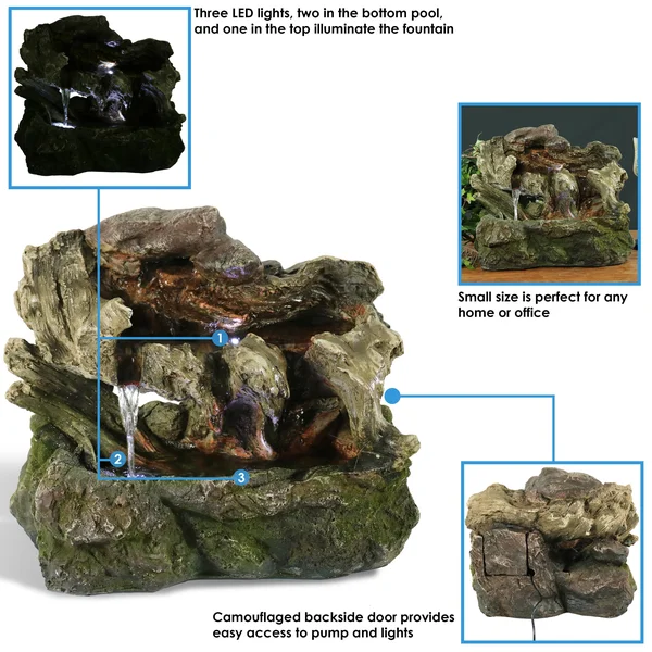 Sunnydaze Aged Tree Trunk Tabletop Fountain with LED Lights - Dark Brown/Cream