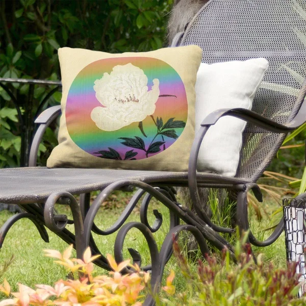 Vintage Japanese Flower Painting Indoor/Outdoor Pillow - 16 x 16 - Rainbow - UV Resistant
