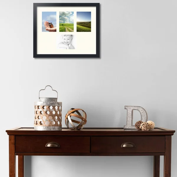 Collage Picture Frame - Satin Black Frame with 4 openings for 5x7 Photos with Ivory Chantilly Mat. D3926EN149, ArtToFrames