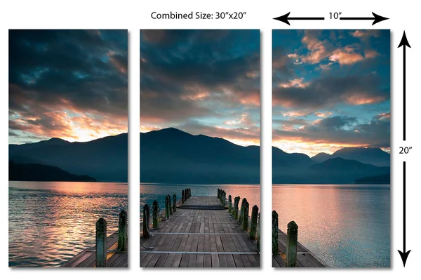 30 x 20 - Cloudy Lake Docks During Sunset Canvas Print - 3 Panel Split, Triptych Wall Art