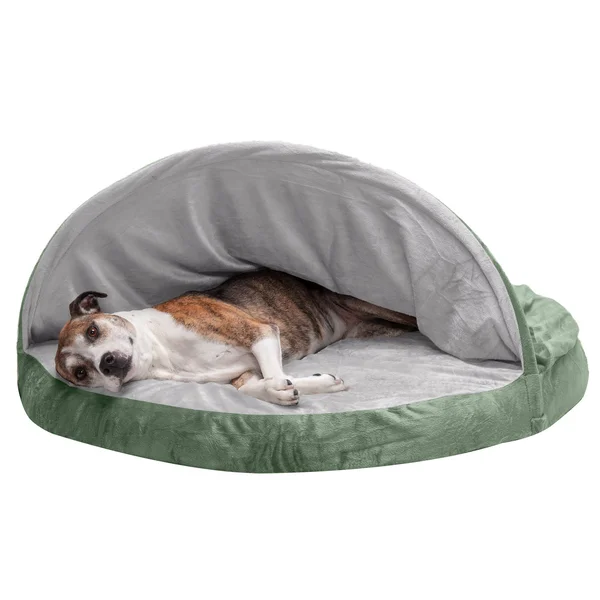 FurHaven Snuggery Burrow Dog Bed - Microvelvet Cooling Gel Foam - 44x22 Round, Sage