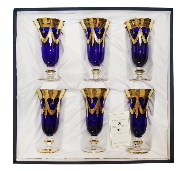 Interglass Italy Set of 6 Crystal Glasses, 24K Gold-Plated (Champagne Flutes, Blue)